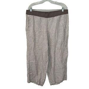J Jill Love‎ Linen Pull On Crop Pants Tan Stripe Elastic Waist Pockets Sz L